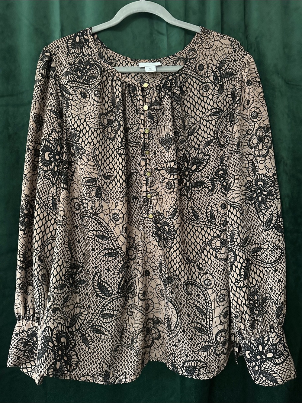 Floral Lace-Print Long-Sleeve Top in Nude/Black